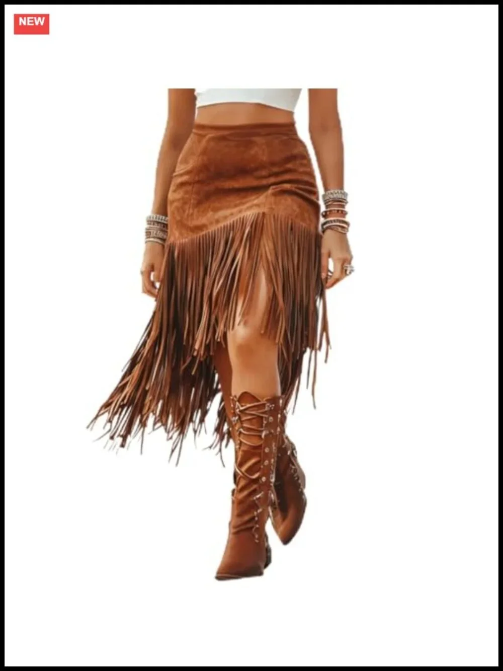 Fringe Suede A-Line Skirt High Waist Irregular Western Tassel Midi